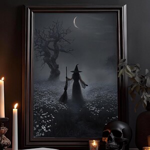 Murale della strega di notte: stregoneria, poster della strega, arredamento della stanza della strega, arti nere, murale della stregoneria, gotico, stampa d'arte del mondo accademico oscuro