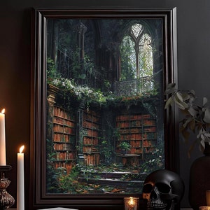 La Bibliothèque Oubliée : Livres avec des plantes, Art mural, Académie Sombre, Affiche botanique gothique, Arts Sombres, Impression d'art Cottagecore Sombre