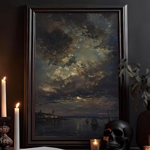 Dunkel über dem Meer, Goth Viktorianische Kunst, Landschaft Zeichnung, Dunkles Natur Gemälde, Dark Academia, Gothic Poster, Düster Wandbild