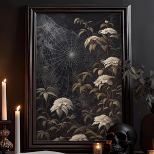 Spinnenweben im Blumenbusch: Melancholische Zeichnung, Dark Academia, Gothic Poster, Hexen Witchcraft Gemälde, kräftige Farben Wandbild