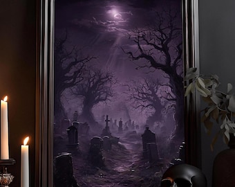 May include: A framed artwork depicts a spooky graveyard scene under a full moon, with bare trees and tombstones. The artwork is displayed on a dark wooden surface, alongside lit candles in ornate holders, a black skull, and decorative vases.