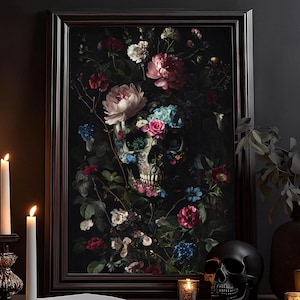 Blumen Schädel Gemälde: Skelett Gothic Poster, Dunkler Cottagecore Kunstdruck, Viktorianische Kunst, Floral Botanik, Witchy Hexen Wandbild