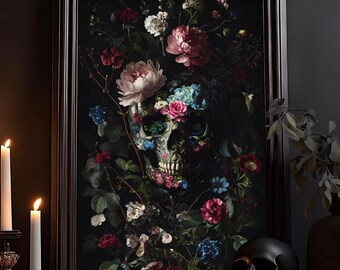 Obraz z czaszką z kwiatów: plakat z motywem szkieletu w stylu gotyckim, wydruk artystyczny Dark Cottagecore, sztuka wiktoriańska, kwiatowo-botaniczna, sztuka ścienna z motywem czarownicy