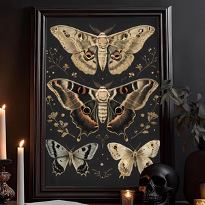 Motten Schmetterling Wandbild: Vintage Antik Poster, Dark Gothic Wicca Hexen Gemälde, Viktorianisches Witchy Zimmerdekor, Dekor Kunstdruck