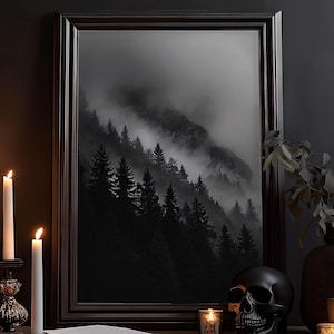 Schwarzwald bei Nacht im Nebel: Melancholisches Wald Bild, Dunkles Natur Gemälde, Dark Cottagecore, Landhaus, Witch, Gothic Poster, Wandbild