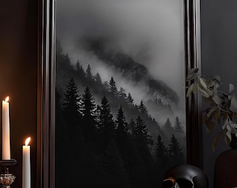 Black Forest at night in the fog: Melancholic forest picture, dark nature painting, dark cottagecore, country house, witch, gothic poster, wall picture