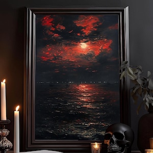 Blutmond über dem Meer Ölgemälde: Melancholische Natur Impressionismus Zeichnung, Dunkle Künste, Goth Poster, Moody Stimmungsvolles Wandbild