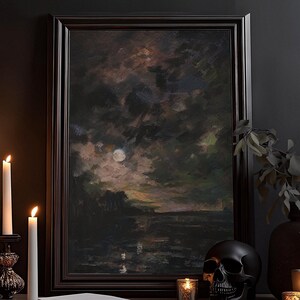 Feld bei Nacht Ölmalerei: Melancholisches Bild, Impressionismus Zeichnung, Dark Academia, Gothic Poster, Kräftige Farben Wandbild