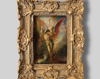 Può includere: Dipinto incorniciato in una cornice dorata ornata. L'opera raffigura una figura con ali rosse e bianche, con le braccia alzate verso una luce brillante. Il dipinto ha uno stile classico con un aspetto dettagliato e strutturato. La cornice ha un design intagliato elaborato.