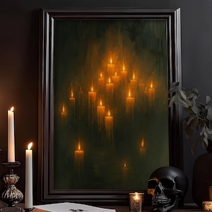 Magisk ljusväggkonst med mörkt glödande lågor i vintagegotisk stil som mystisk väggdekoration för Halloween, altare eller mörkt hem.