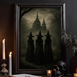 The Three Witches wall picture in dark Gothic Witchy style as a mystical Dark Academia art print for Halloween and magical Witchcraft decoration