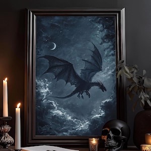 Drache am blauen Himmel Gemälde: Dark Fantasy Kunstdruck, Drachen Mittelalter Wandbild, Dekor, Goth, Ritter Poster, Viktorianisches Gemälde