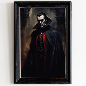 Portret van Dracula: donkere aquareltekening, vampierposter, donkere academie, gotische afbeelding, felle kleuren wandkunst op hoogwaardig papier