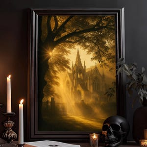 May include: A framed gothic-style painting depicts a church bathed in golden light, with a tree in the foreground. The scene is complemented by lit candles in various holders, a black skull, and a vase with dark foliage, creating a moody, atmospheric aesthetic.