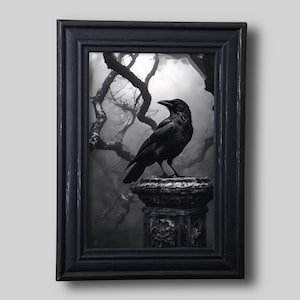 Gothic Bilderrahmen in Schwarz mit Raben Kunst Druck, Dark Art gotischer Goth Rahmen für Minimalistische Schwarz/Weiß Einrichtung