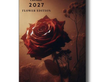 以下が含まれることがあります： 「Flower Edition」と題された2027年の壁掛けカレンダー。中央に大きな深紅のバラが描かれています。デザインには、温かみのある霞んだ茶色がかったオレンジ色の背景に、細く暗い茎と葉が配置されており、上部にはスパイラル綴じが施されています。