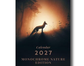 Nature calendar 2027 with atmospheric monochrome nature motifs as an artistic wall calendar for forest, wildlife and cottagecore aesthetics