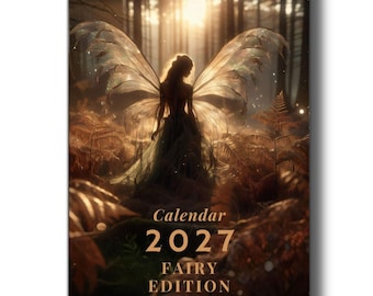 Fairy wall calendar 2027 with enchanting fairy motifs in a mystical fantasy style as a magical fairy tale calendar wall decoration painting format