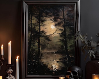 May include: A framed landscape painting depicts a moonlit forest scene with a lake. Lit candles in ornate holders and votives, a black skull, and a vase with foliage are arranged on a dark surface, creating a gothic ambiance.