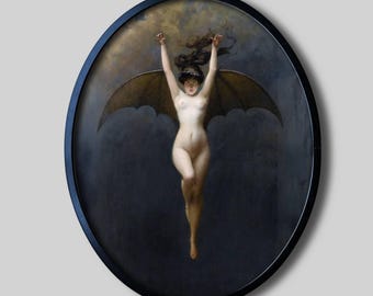 The bat woman in the black oval frame: Occult wall decor for Dark Academia, Vampire Aesthetic & Gothic Witch Aesthetic interior design