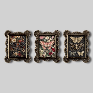 Può includere: Tre stampe artistiche di farfalle incorniciate. Ogni stampa presenta un diverso disegno di farfalla su uno sfondo floreale. Le cornici sono ornate con una finitura dorata, aggiungendo un'estetica vintage all'opera d'arte.