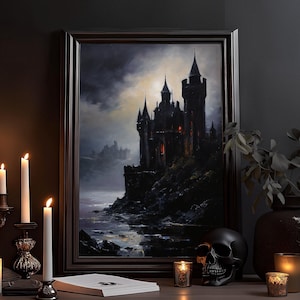 Burg an der Schottischen Küste: Düstere Öl-Zeichnung Kunstdruck, Schloss am Ufer, Dark Academia, Gothic Poster, kräftige Farben Wandbild