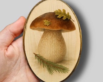 Cute porcini mushroom oval wood print in vintage nature style as a cute wall decoration for forest lovers, cottagecore nature mushroom lovers