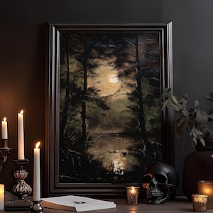 Dipinto ad olio sul lago nella foresta: quadro malinconico, disegno impressionista della natura, accademia oscura, poster gotico, arte murale con colori forti