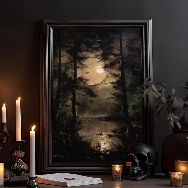 Lake in the Forest Oil Painting: Melancholic Picture, Nature Impressionism Drawing, Dark Academia, Gothic Poster, Strong Colors Mural