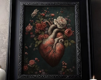 May include: A framed art print featuring a detailed illustration of a human heart adorned with roses and other flowers. The artwork is set against a dark teal background, framed in black, and evokes a vintage aesthetic. The print is displayed with lit candles.