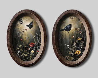 Bird Butterfly Oval Wooden Picture Frame with Floral Botany in Dark Mystical Vintage Nature Style, Dark Academia Decor