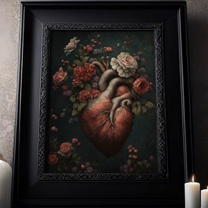 Viktorianisches Herz: Anatomisches Herz mit Blumen, Florales Herz, Gothic, Witchcraft Poster, Schweres Papier mit kräftigen Farben Wandbild