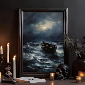 Das Boot im dunklen Sturm: Ölgemälde Poster, Gothic Gemälde, Goth Home Decor, gotische nautische Zeichnung, Moody Vintage Kunst, Wandbild