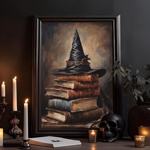 Witch Hat on Stack of Books Wall Art: Dark Watercolor Drawing, Library, Ancient Knowledge, Dark Academia, Witchy, Gothic Poster, Mural