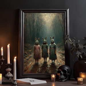 Mädchen mit Hasenmasken Ölzeichnung: Schweres Papier, Dark Academia, Gothic Okkultes Poster, Witchcraft, gruseliges Kult Horror Wandbild