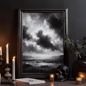 Zwart-wit landschap: magische aquareltekening, prachtig licht, Dark Academia, Goth-poster, melancholische natuurmuurschildering