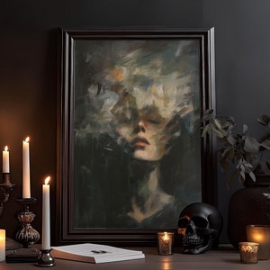 Frau im Dunst der Träume Ölgemälde: Melancholisches Bild, Impressionismus Zeichnung, Dark Academia, Goth, Moody Poster, Qualitäts-Wandbild