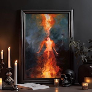 Hexe im loderndem Feuer: Düsterer Kunstdruck, Witchcraft Wandbild, Hexenzimmer Dekor, Gothic, Dark Academia Poster, Victorian Gemälde