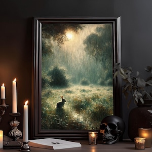 Feld im Sommerregen Ölgemälde: Melancholisches Bild, Natur Impressionismus Art, Tier Wald Zeichnung, Goth Poster, Kräftige Farben Wandbild