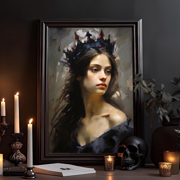 Queen of the Night Portrait Painting: Victorian, Gothic, Witchcraft Mural, Dark Academia, Watercolor Style, Quality Art Print