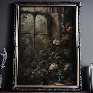 Verwuchertes Fenster Florale Wandkunst: dunkles Blumendekor, Gothic Poster, Dunkler Cottagecore, viktorianische Kunst, Vintage Wandbild