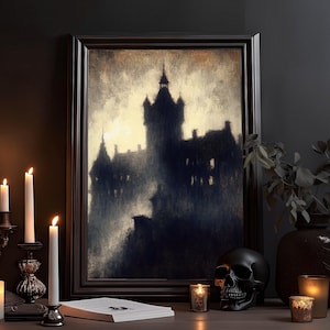 Das Schloss im Dunkeln Kunstdruck: Düstere Öl-Zeichnung, Burg, Dark Academia, Gothic Poster, kräftige Farben Wandbild, Qualitäts-Gemälde