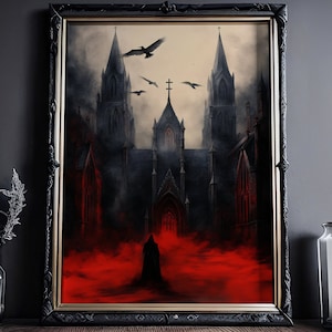 Schwarze Kirche im Roten Nebel: Schweres Papier, Dark Academia, Gothic Poster, Viktorianisches Kirchen Gemälde, kräftige Farben Wandbild