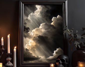 Light and Darkness: Gothic Sky, Magical Watercolor Drawing, Beautiful Play of Light, Dark Academia, Gothic Poster, Wall Art