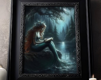 Mermaid reading: Red-haired mermaid by a lake, Gothic art poster, vintage poster, Victorian home decor, bold colors