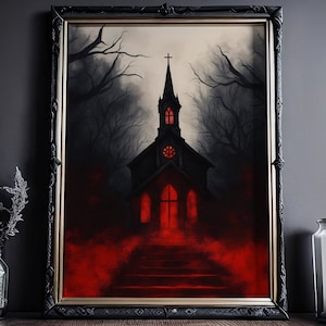 Road to the Black Church: carta pesante, Accademia scura, poster gotico, dipinto di una chiesa vittoriana, murale dai colori forti