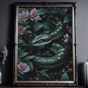 Schlange im Blumenbusch: Viktorianisches Vintage Gemälde, Vintage Tier Poster, Dark Academia, Gothic Kunstdruck, kräftige Farben Wandbild