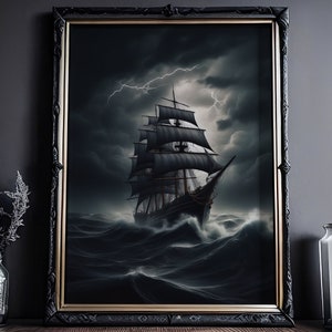Segelschiff im dunklen Sturm: Ölgemälde Poster, Gothic Gemälde, Gothic Home Decor, gotische nautische Kunst, Wandbild