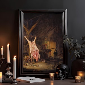 Geschlachtetes Schwein Kunstdruck: Barock Ölzeichnung, Viktorianisch, Dark Academia, Gothic Poster, Vintage, Kräftige Farben Wandbild