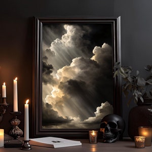 Luce e oscurità: cielo gotico, disegno magico ad acquerello, luce meravigliosa, accademia oscura, poster gotico, arte murale